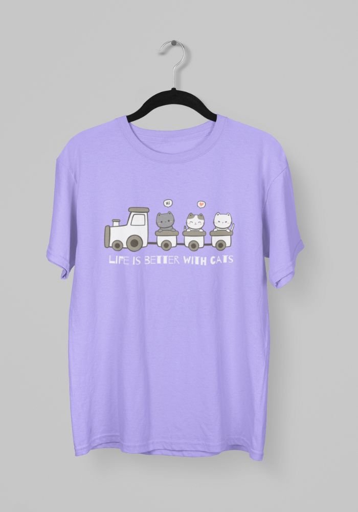 Kalavesh Life is Better with Cats T-Shirt | Funny Cat Sitting in Train Graphic Tee for Men & Women Kalavesh Life is Better with Cats T-Shirt | Funny Cat Sitting in Train Graphic Tee for Men & Women
