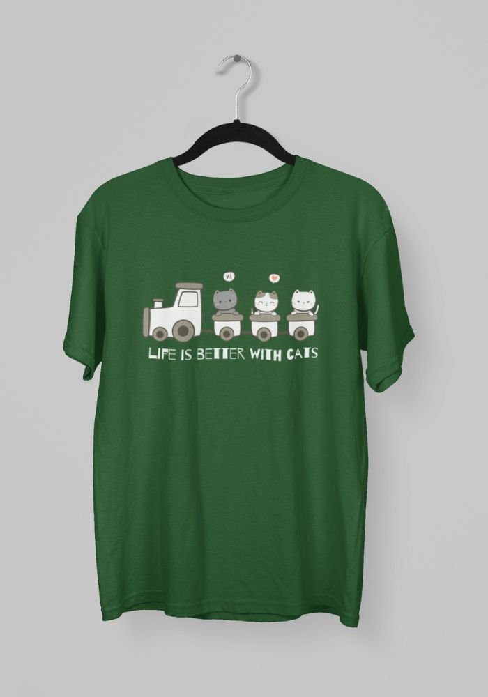 Kalavesh Life is Better with Cats T-Shirt | Funny Cat Sitting in Train Graphic Tee for Men & Women Kalavesh Life is Better with Cats T-Shirt | Funny Cat Sitting in Train Graphic Tee for Men & Women